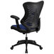 A black office chair with blue mesh seat and backrest.