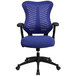 A Flash Furniture blue mesh office chair with black base and arms.