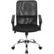 A black Flash Furniture office chair with mesh back and chrome base.