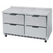 A Beverage-Air stainless steel worktop freezer with four drawers.