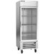 A silver Beverage-Air reach-in refrigerator with glass doors.