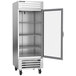 A silver Beverage-Air reach-in refrigerator with a white glass door.