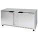 A silver stainless steel Beverage-Air undercounter freezer with two doors.