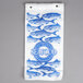 A white plastic seafood bag with blue fish design.
