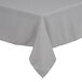 A gray rectangular table cover with a white hem on a table.