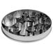 A circular metal container holding Ateco stainless steel flower and leaf cookie cutters.