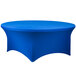 A royal blue Snap Drape Contour table cover on a round table.