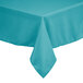 A teal rectangular table cover on a white table.