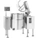 A silver Cleveland electric steam jacketed mixer kettle with black handles.
