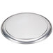 An American Metalcraft heavy weight silver aluminum circular pizza pan with a wide rim.