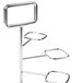 A chrome metal tower display stand with three shelves holding square objects.