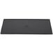 A rectangular black melamine serving board with a black border and white logo on it.