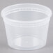 A translucent Pactiv deli container with a white lid.