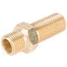 A brass threaded male fitting with a gold metal bolt and nut.