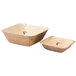 Two Eco-gecko square palm leaf bowls with measurements on them.
