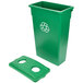 A green Continental rectangular wall hugger recycling bin with a lid and recycle symbol on it.