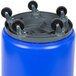 A blue Continental Huskee trash can with black wheels.