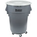 A Continental Huskee grey plastic trash can with wheels and a white lid.