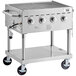 A stainless steel Backyard Pro outdoor grill on a cart with three burners and wheels.