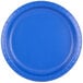 A close-up of a blue paper plate with a white border.