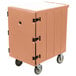 A beige Cambro mobile cart for food storage boxes with black wheels.