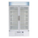A white Beverage-Air MarketMax glass door refrigerator with shelves.