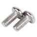 A close-up of two stainless steel screws.