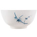 A white melamine bowl with blue bamboo designs.