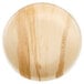 A close up of a EcoChoice palm leaf plate with a wood grain pattern.
