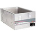 A rectangular stainless steel APW Wyott countertop food cooker/warmer with a black lid.
