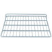 A close-up of a metal grid shelf for a refrigerator on a white background.