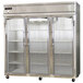 A Continental Refrigerator three section glass door reach-in freezer.