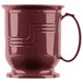 A close up of a Cambro Shoreline Collection cranberry insulated mug with a handle.