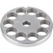 A stainless steel Globe #12 meat grinder plate with circular holes.