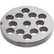 A stainless steel Globe #22 meat grinder plate with circular holes.