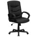 A black Flash Furniture office chair with arms and wheels and a black leather seat.