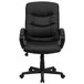 A Flash Furniture black leather office chair with arms and wheels on a black base.