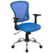 A Flash Furniture blue office chair with black arms and chrome legs.