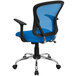 A blue office chair with black arms and chrome base.