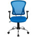 A Flash Furniture blue mesh office chair with arms and a chrome base.