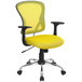 A Flash Furniture yellow mesh office chair with arms and chrome base.