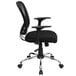 A Flash Furniture black mesh office chair with armrests and a padded seat on a chrome base.