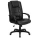A black Flash Furniture high-back leather executive office chair with padded arms and wheels.