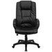 A Flash Furniture black leather office chair with padded arms and a black base with wheels.