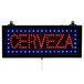 An Aarco LED sign with the word "Cerveza" in red and blue lights on a white background.