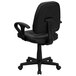 A black Flash Furniture office chair with black leather seat and arms on wheels.