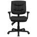 A Flash Furniture mid-back black leather office chair with black arms and wheels.