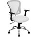 A white Flash Furniture mid-back office chair with white mesh and black padding on the arms.