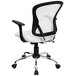 A white office chair with black armrests and a chrome base.