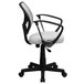 A white office chair with black arms and swivel base.